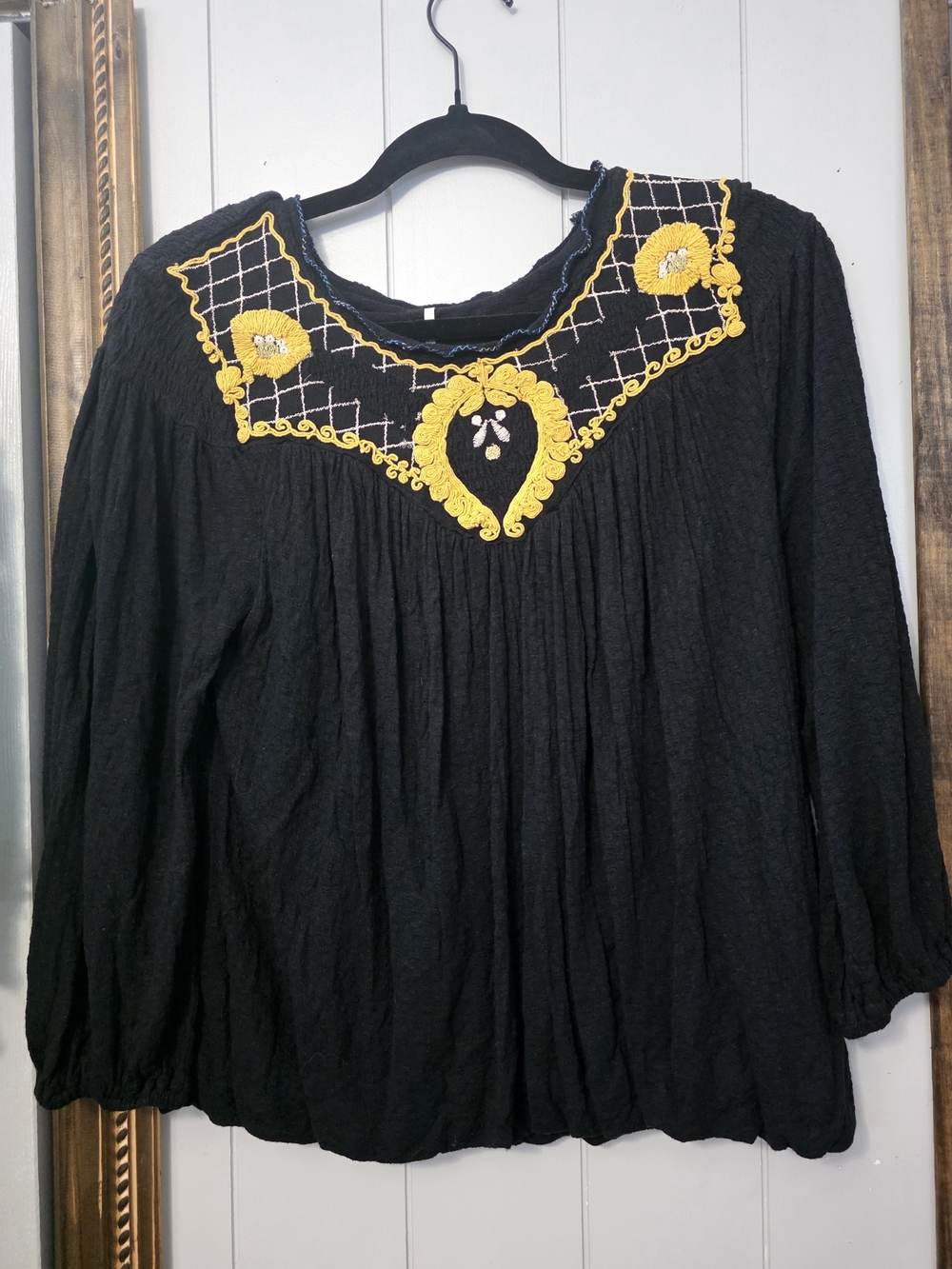 Free People Black Tunic with Yellow Embroidered Yoke